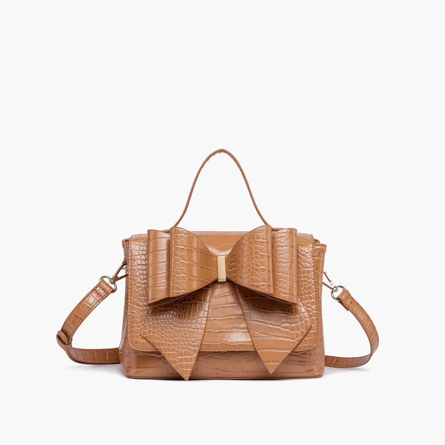 Celia Double Bowtie Embossed Crossbody: Cognac