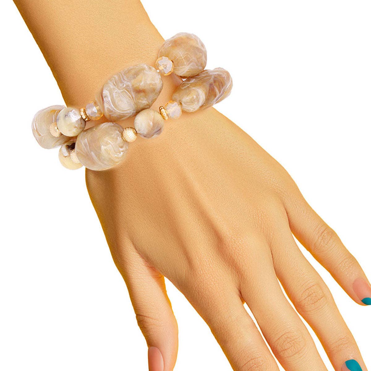 PinktownUSA - Light Brown Marbled Bead Bracelets: Stretch to Fit / Light Brown / Gold