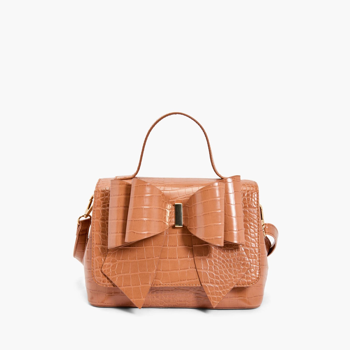 Celia Double Bowtie Embossed Crossbody: Cognac