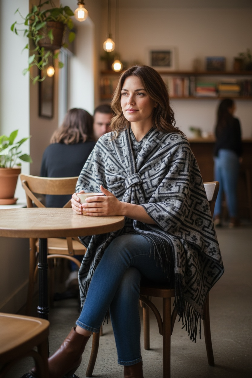 LINEN & COTTON HOUSE - 40811 PRINTED PONCHO AUTUMN WINTER CLOTHING: Black
