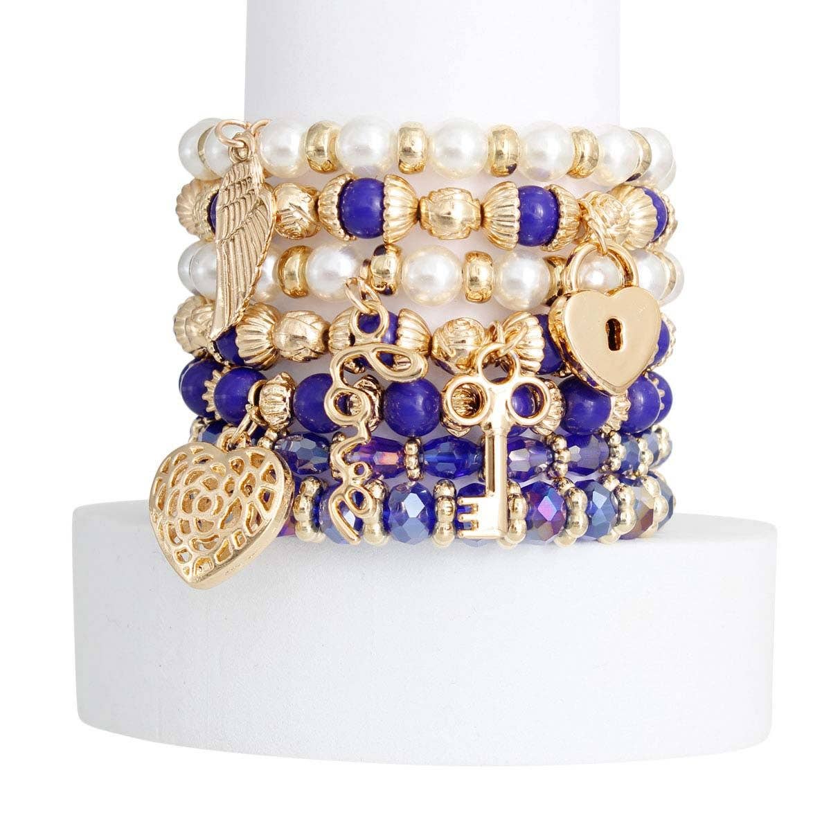 Blue and Pearl Love 7 Pcs Bracelets: Stretch to Fit / Blue / Gold