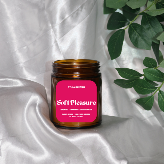 Yara Scents - SOFT PLEASURE | 7 oz. Wood Wick Coco. Soy Candle | Amber Jar