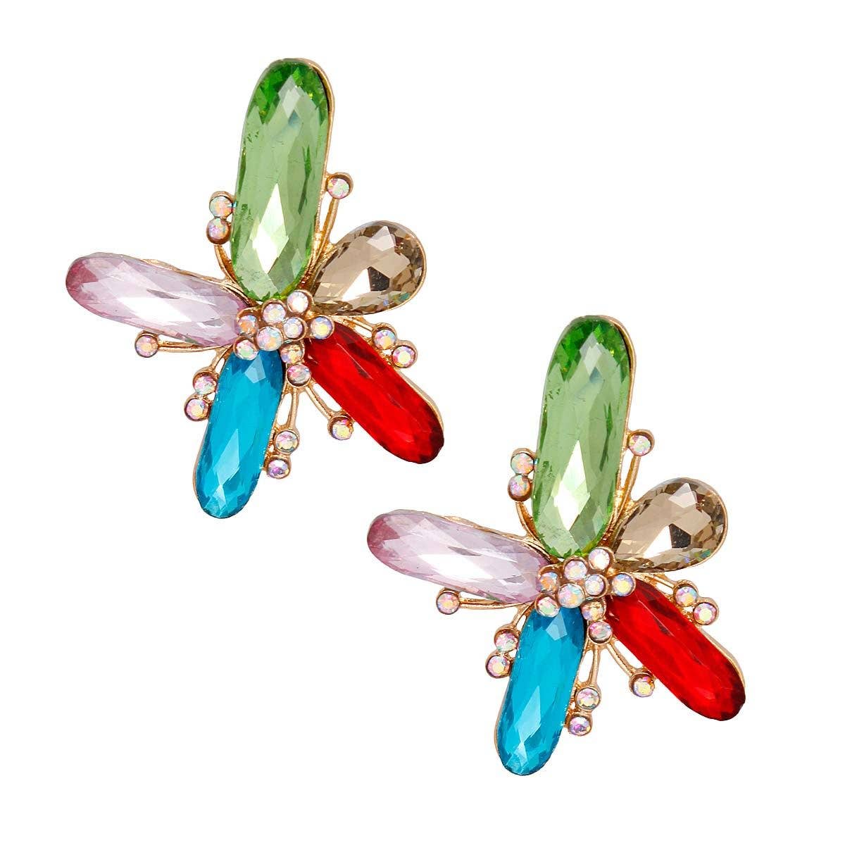 Multi Abstract Flower Studs: 2.15 x 1.65 inches / Multi Color / Gold