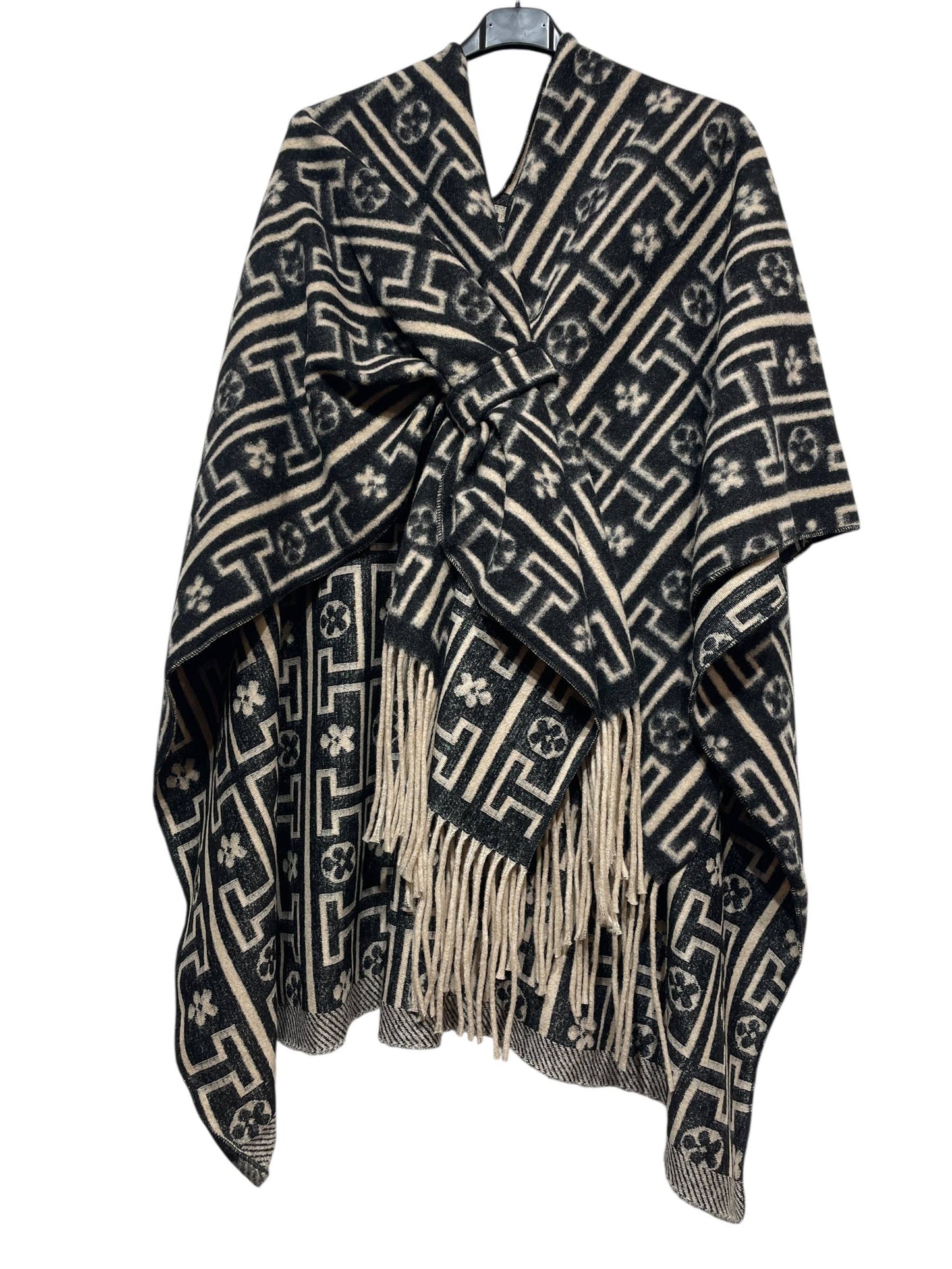 LINEN & COTTON HOUSE - 40811 PRINTED PONCHO AUTUMN WINTER CLOTHING: Black