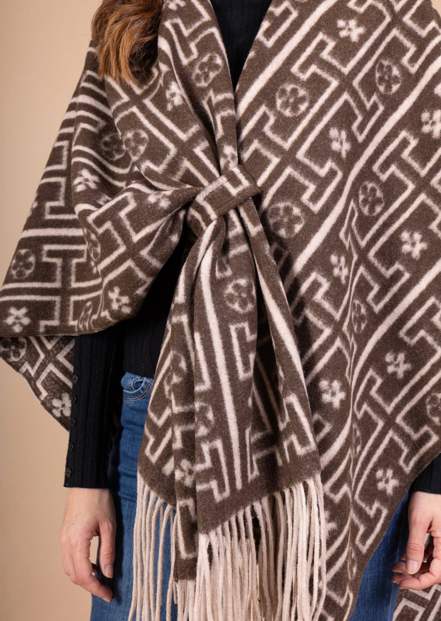 LINEN & COTTON HOUSE - 40811 PRINTED PONCHO AUTUMN WINTER CLOTHING: Black