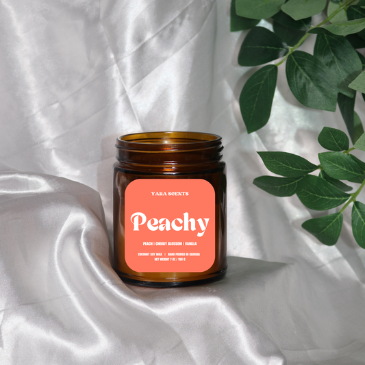 Yara Scents - PEACHY | 7 oz. Wood Wick Coconut Soy Candle | Amber Jar