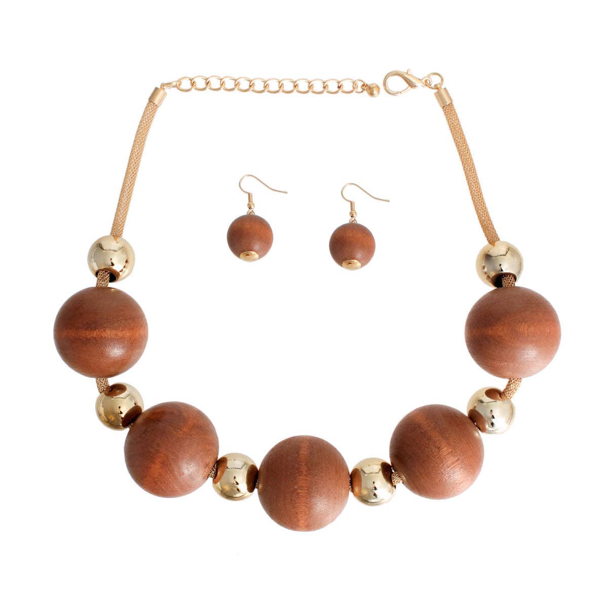 Natural Brown Wood XL Bead Set: 18 inches / Brown / Gold