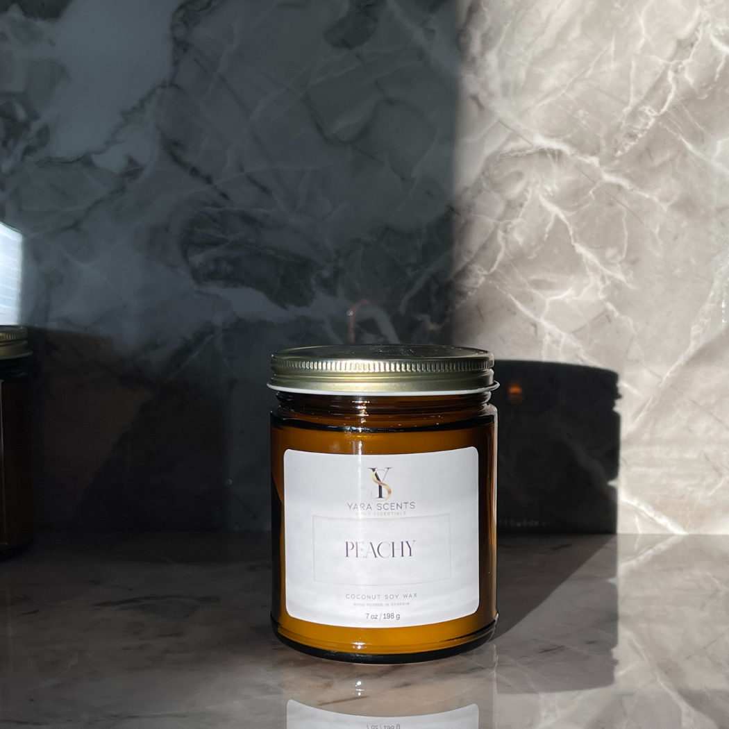 Yara Scents - PEACHY | 7 oz. Wood Wick Coconut Soy Candle | Amber Jar