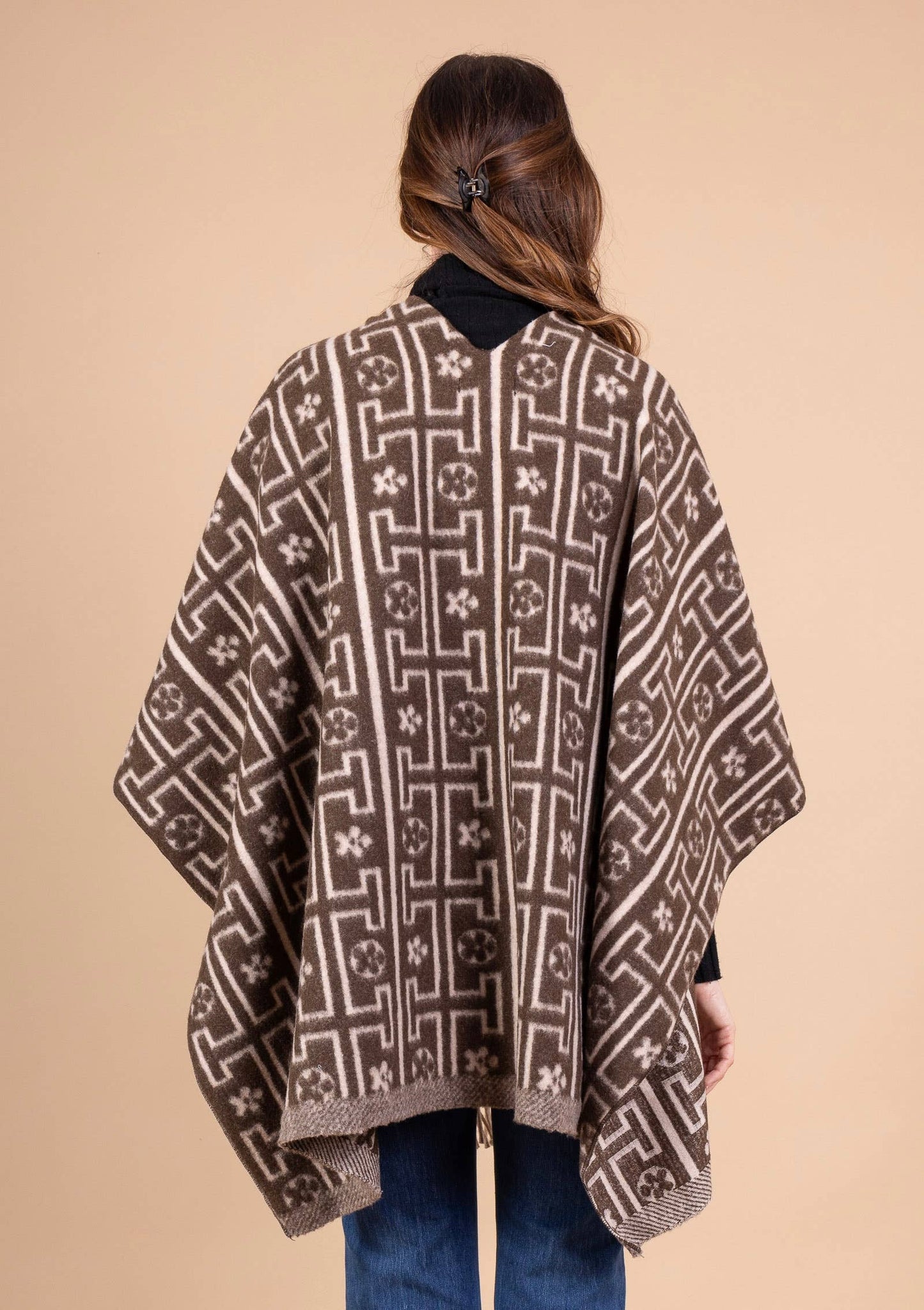 LINEN & COTTON HOUSE - 40811 PRINTED PONCHO AUTUMN WINTER CLOTHING: Black