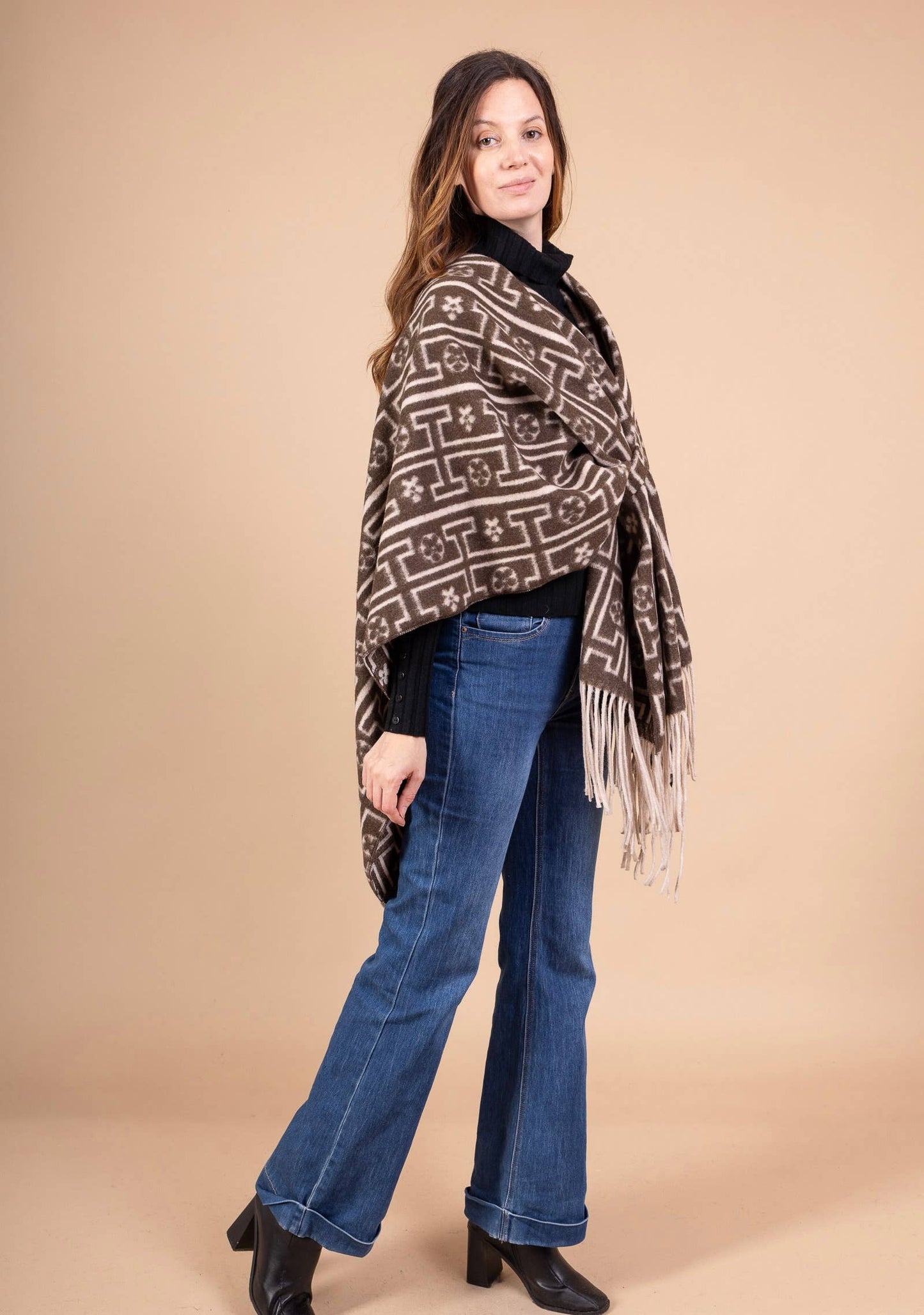 LINEN & COTTON HOUSE - 40811 PRINTED PONCHO AUTUMN WINTER CLOTHING: Black