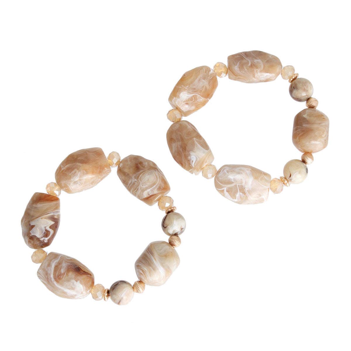 PinktownUSA - Light Brown Marbled Bead Bracelets: Stretch to Fit / Light Brown / Gold