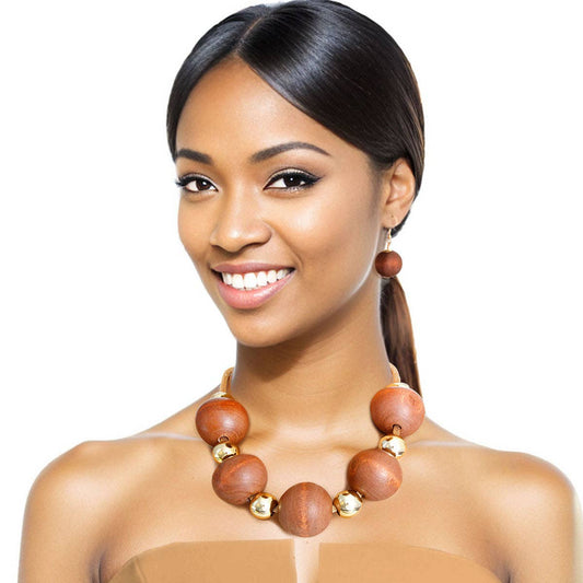 Natural Brown Wood XL Bead Set: 18 inches / Brown / Gold
